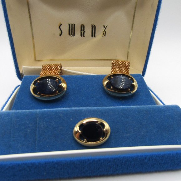 Swank Cufflinks Tie Tack Set in Box Gold Tone Blue Sodalite - Picture 1 of 3